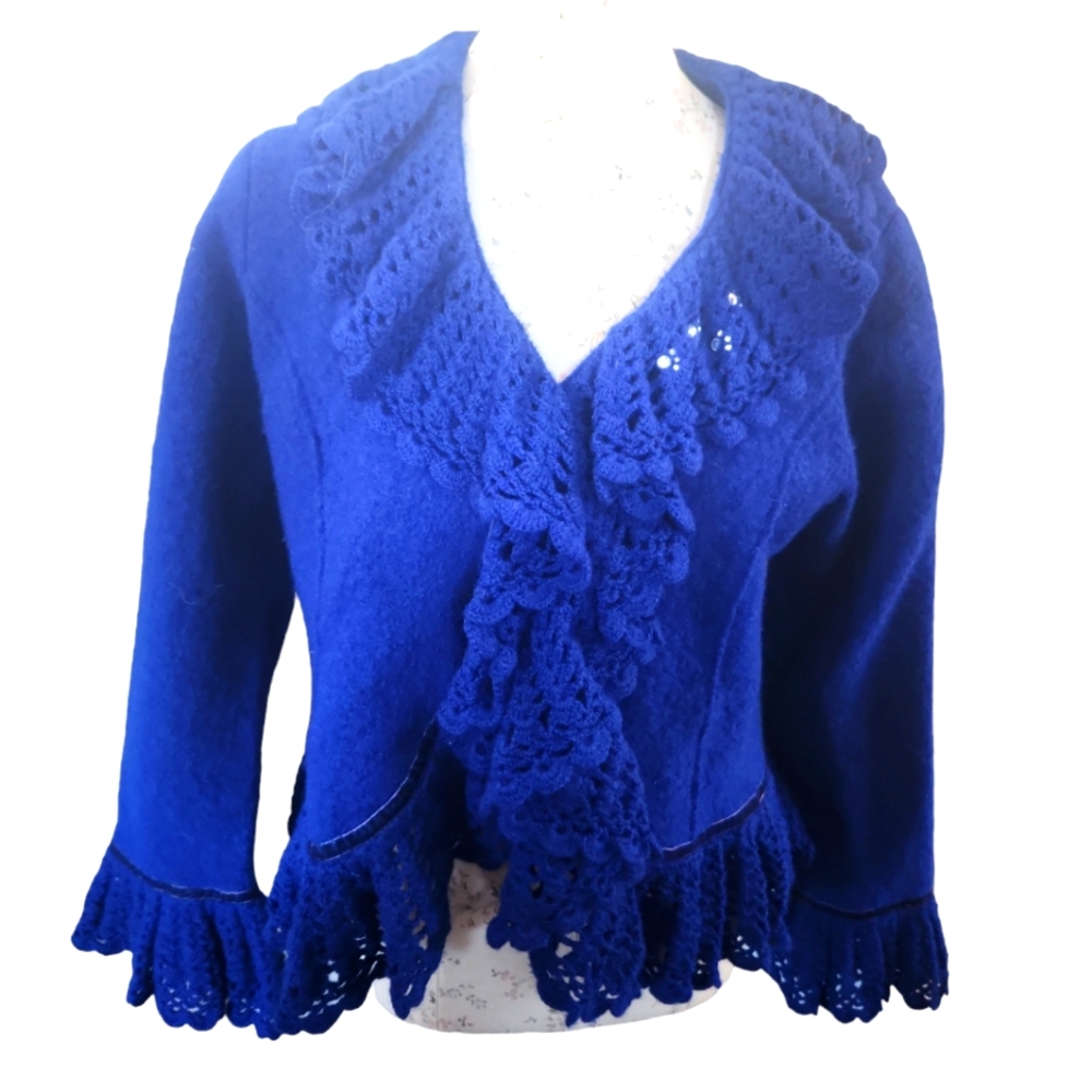 Equine Artwear Cobalt Blue Wool open front Sweater rhinestone pawprints